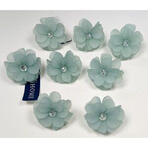 Set of 8 C&F HOME 2.5" Teal Flower Silvertone & Rhinestone NAPKIN RINGS NWT NEW